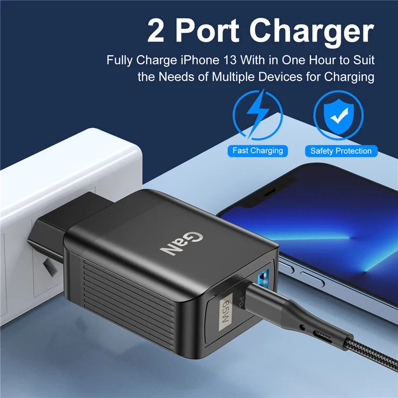 USLION 65W GaN UK EU US Plug Fast Charger USB C Charger Laptop PD QC 3.0 Type C Charger Fast Charging Travel For iphone Xiaomi