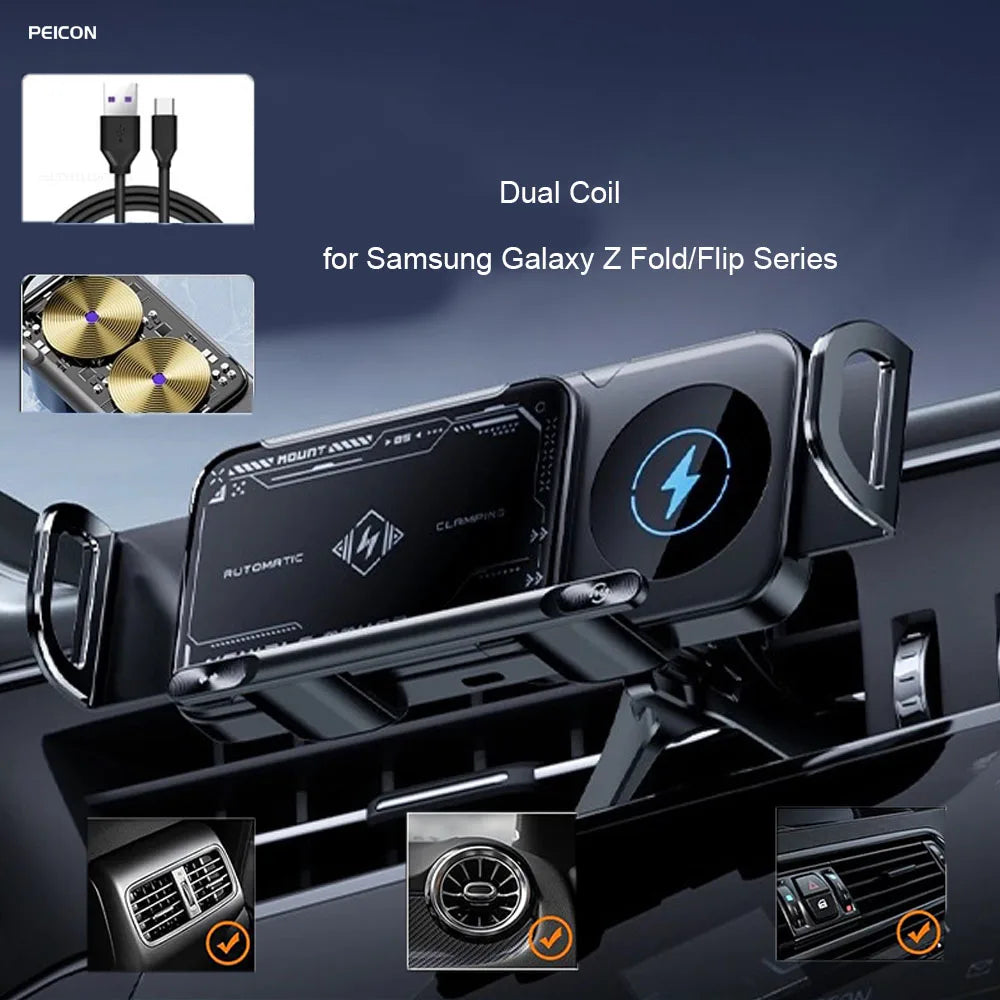 Car Wireless Charger for Samsung Galaxy Z Fold 6/5/4 Flip 4/3 S24 S23 Wireless Car Charger Dual Coil Fast Charging Car Air Vents