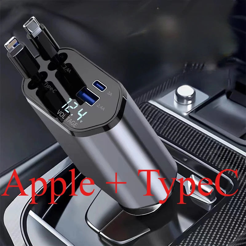 🔥 4-in-1 Retractable Fast Car Charger | USB PD & QC Adapter for iPhone