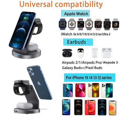 3 In 1 Magnetic Wireless Charger Stand For iPhone 16 15 14 13 Pro Max iWatch AirPods Station Dock MagSafe Fast Charging Station