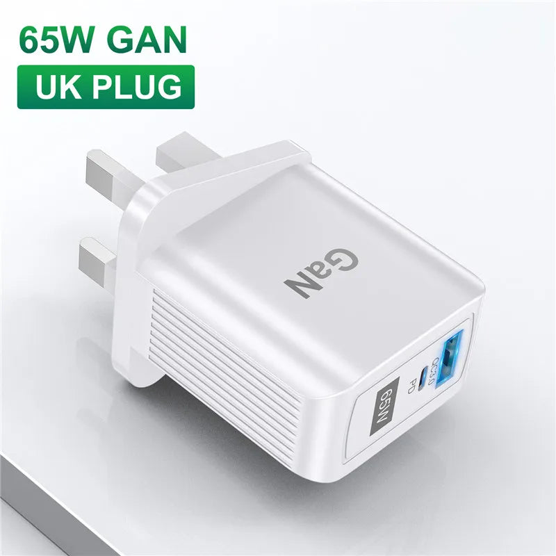 USLION 65W GaN UK EU US Plug Fast Charger USB C Charger Laptop PD QC 3.0 Type C Charger Fast Charging Travel For iphone Xiaomi