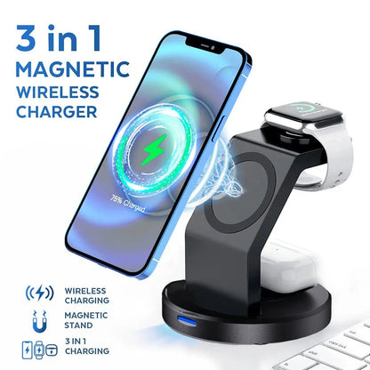 3 In 1 Magnetic Wireless Charger Stand For iPhone 16 15 14 13 Pro Max iWatch AirPods Station Dock MagSafe Fast Charging Station