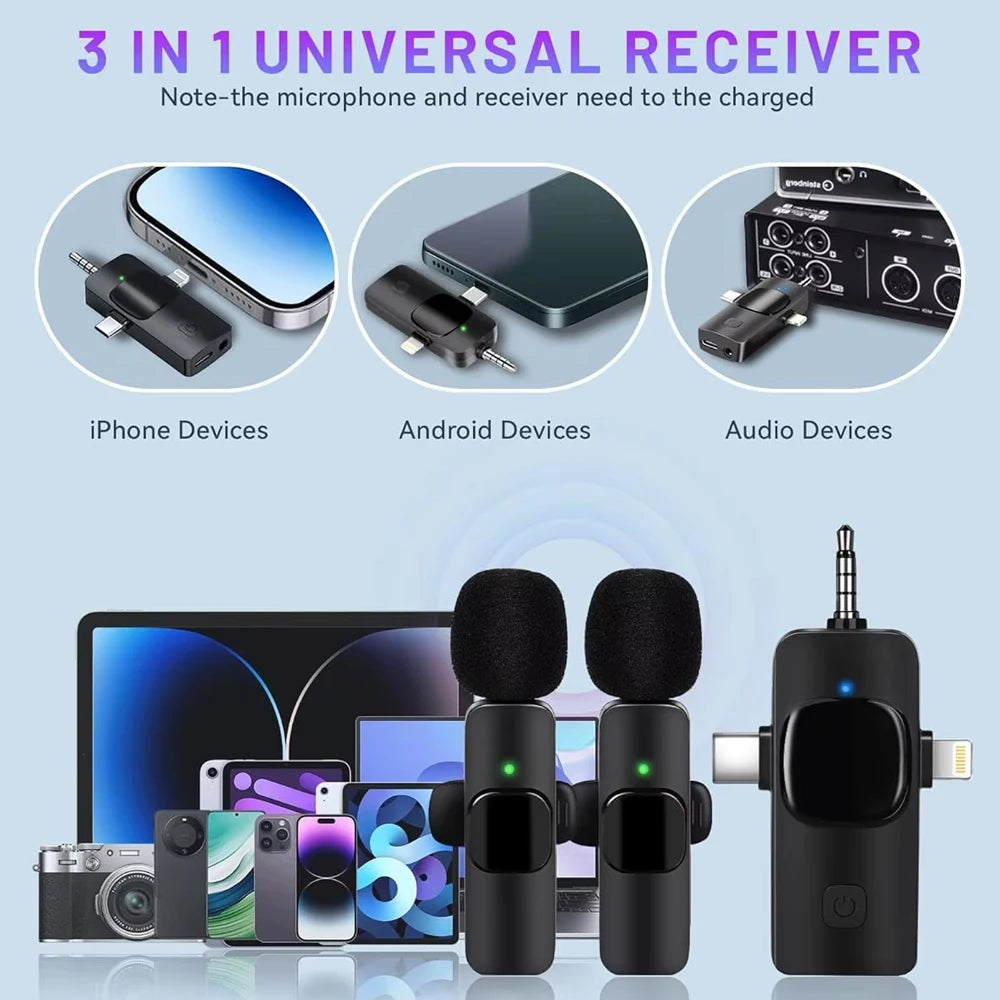 3-in-1 Wireless Mini Microphone – Noise Reduction, Live Recording & Broadcast Ready