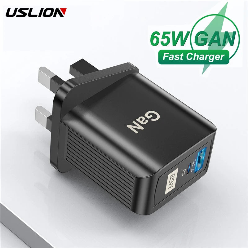 USLION 65W GaN UK EU US Plug Fast Charger USB C Charger Laptop PD QC 3.0 Type C Charger Fast Charging Travel For iphone Xiaomi